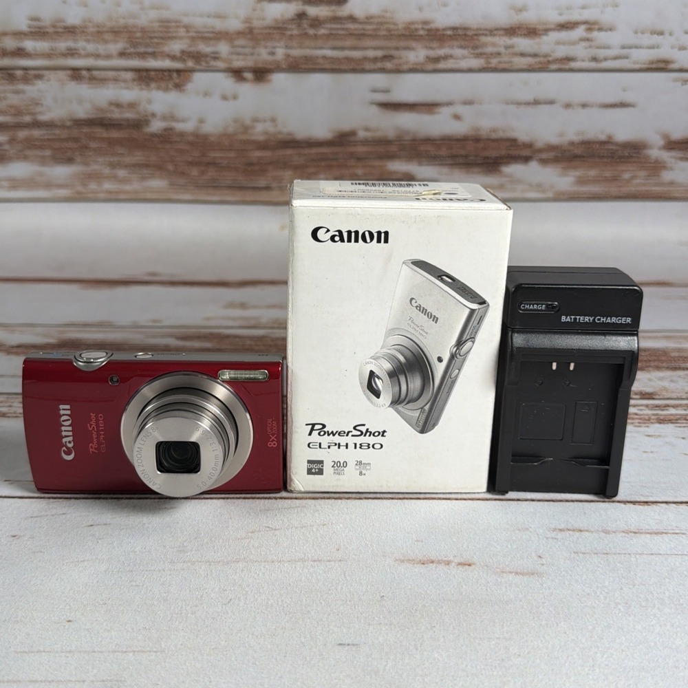 Canon PowerShot ELPH 180 20.0MP Camera Red Bundle Tested Works Boxed Used